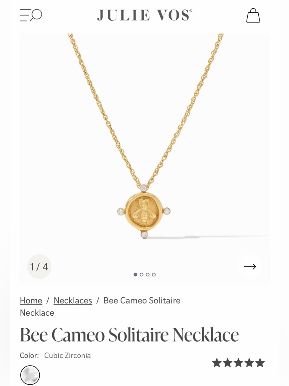 **NWT** Julie Vos Bee Cameo Solitaire Necklace - Gold Cubic Zirconia